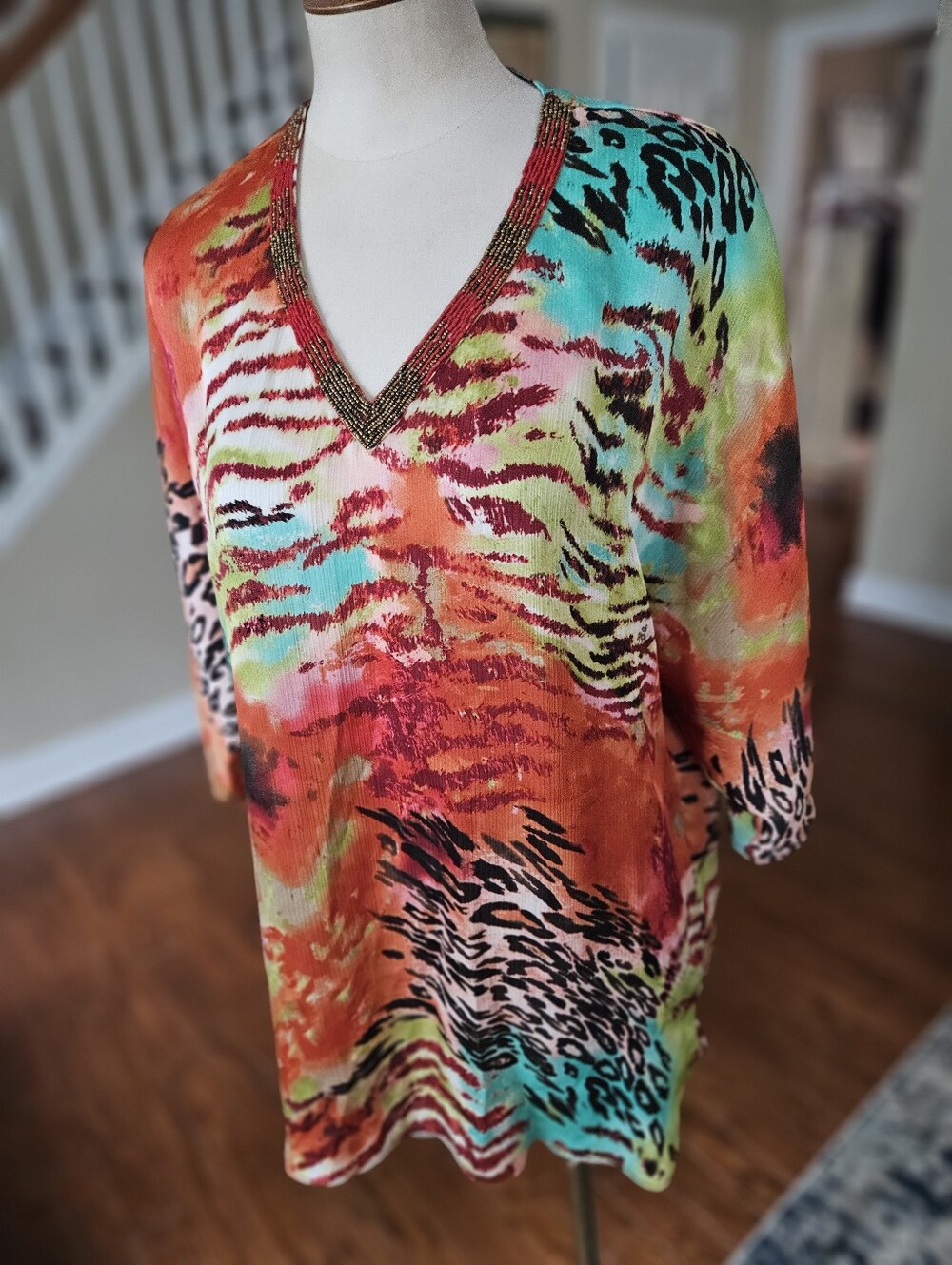 Dana Buchman Boho Animal Print Beaded Top Medium